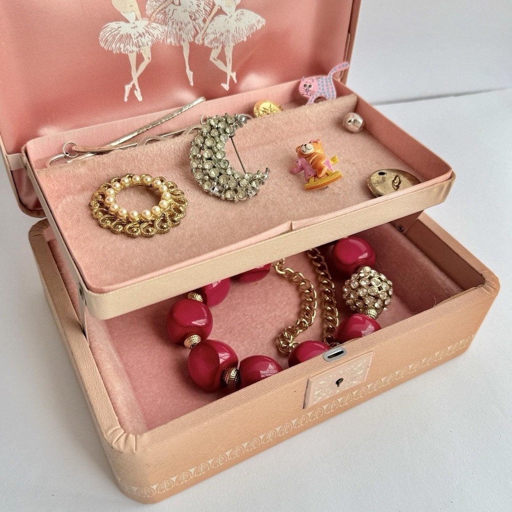 Vintage Farrington Mid Century Jewelry Box Ballerinas Travel Ballet Satin USA